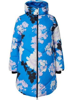 Lange winterjas met een bloemenprint, French Blue Comb, Packshot image number 0