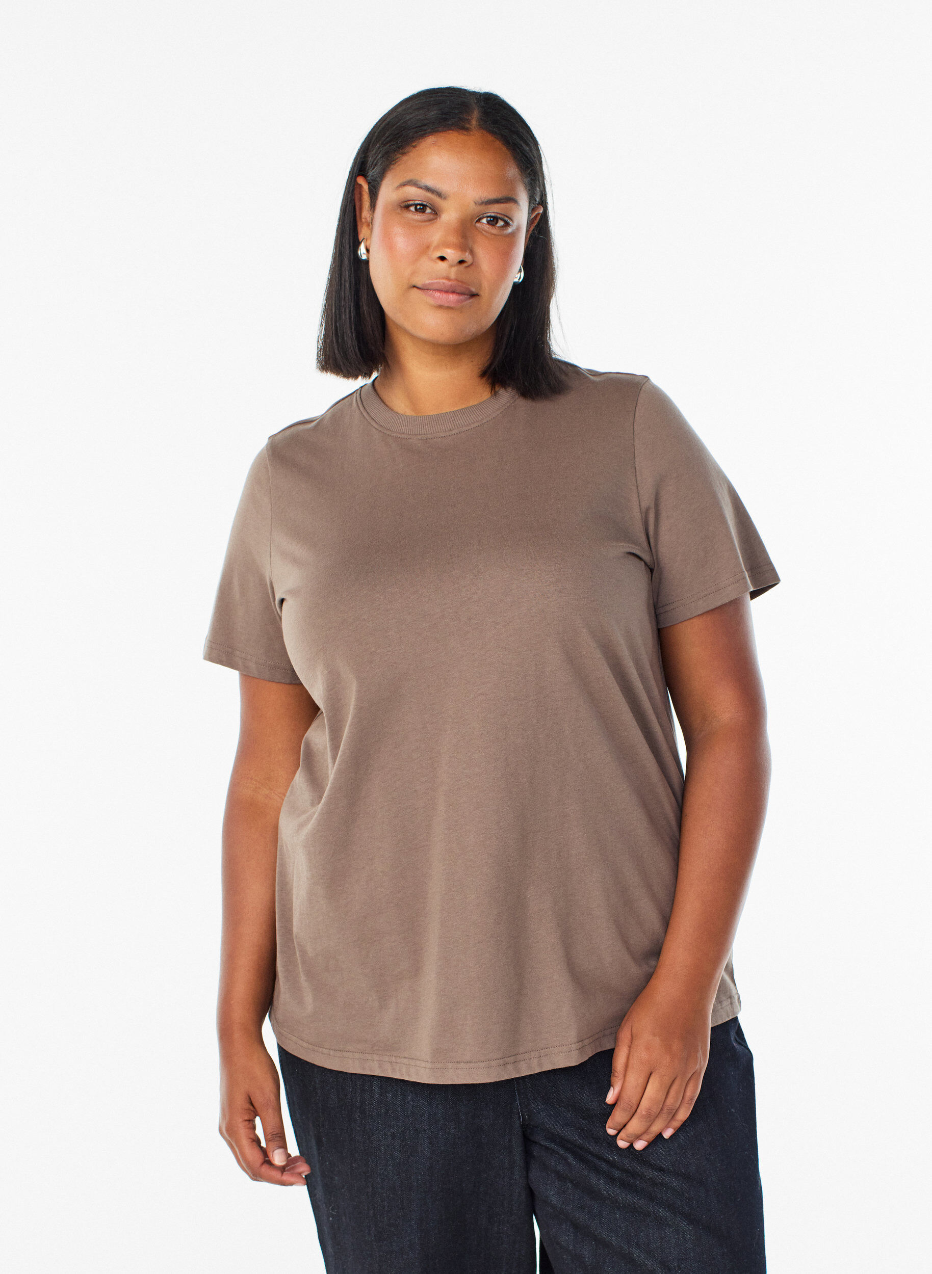 ZizziBasic katoenen T-shirt met ronde hals, Bruin, Model image number 0