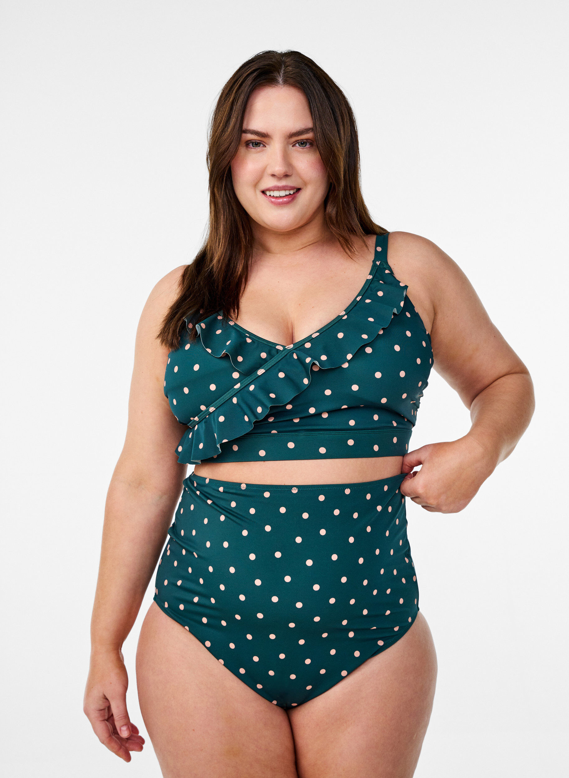 Hoge taille bikinibroekje met stippen, Groen, Model