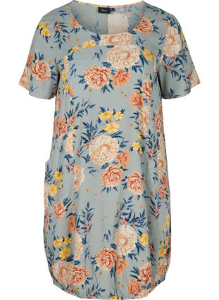 Viscose jurk met print en korte mouwen , Light Blue Flower, Packshot image number 0