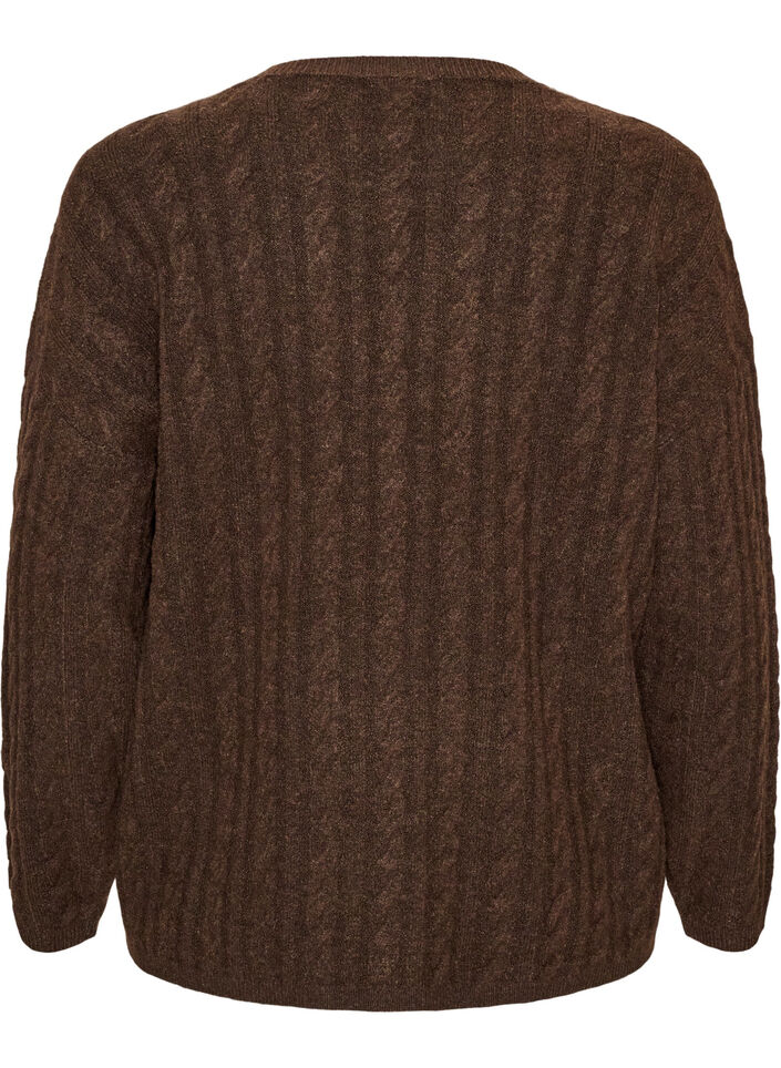 Gebreide blouse met kabelpatroon en V-hals, Bruin, Packshot image number 1