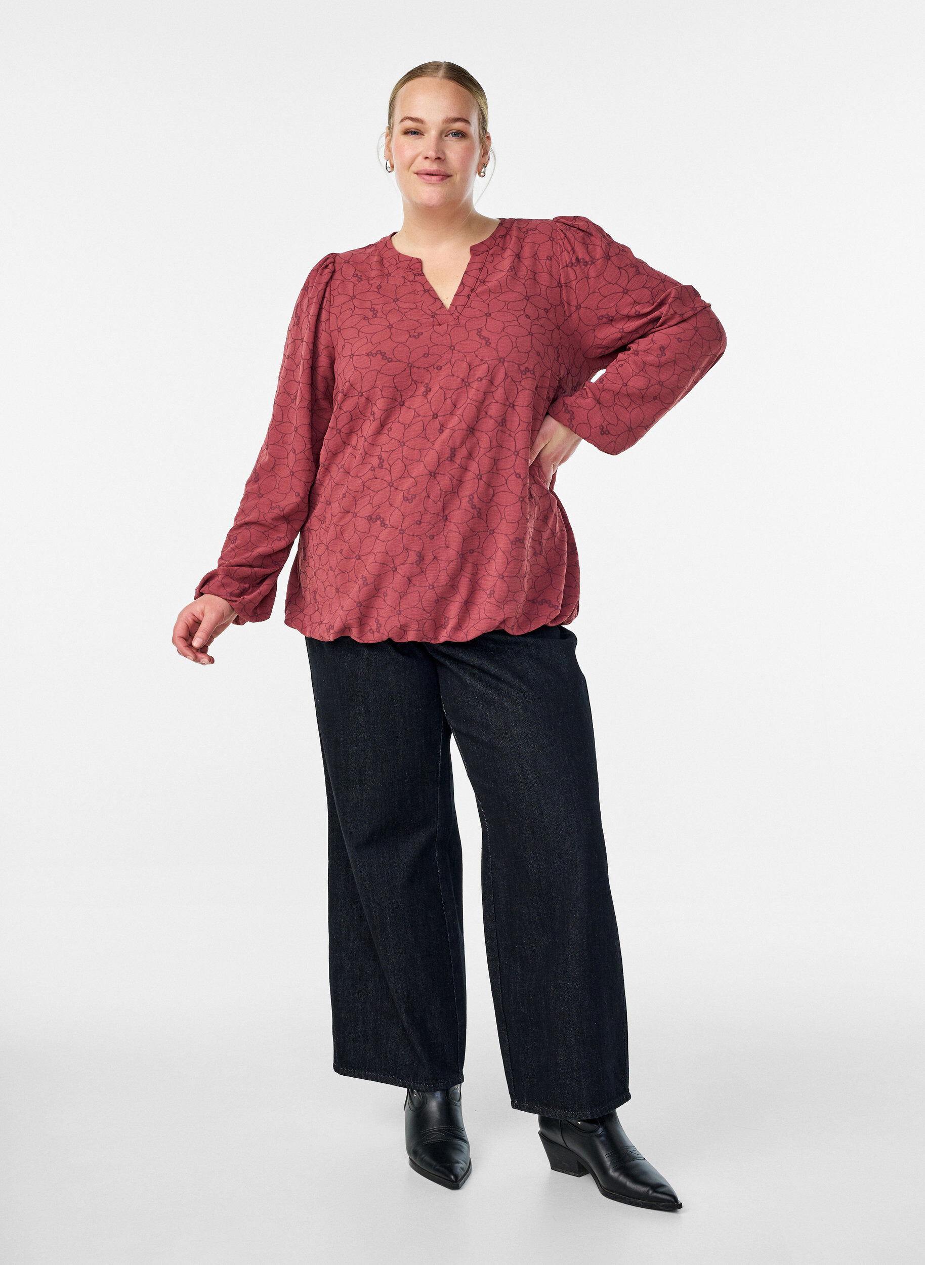 Zizzi Blouse met lange mouwen met bloemenborduursel., Roze, Model image number 1