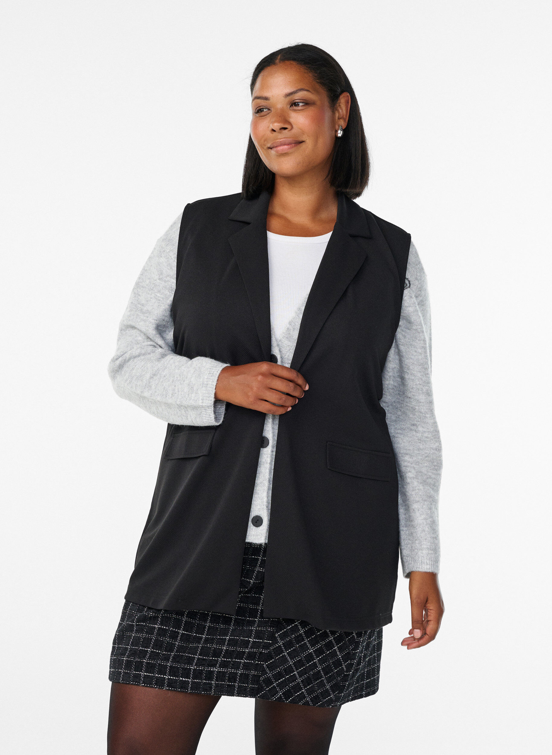 Zizzi Mouwloze blazer bodywarmer met klassieke revers, Zwart, Model image number 0