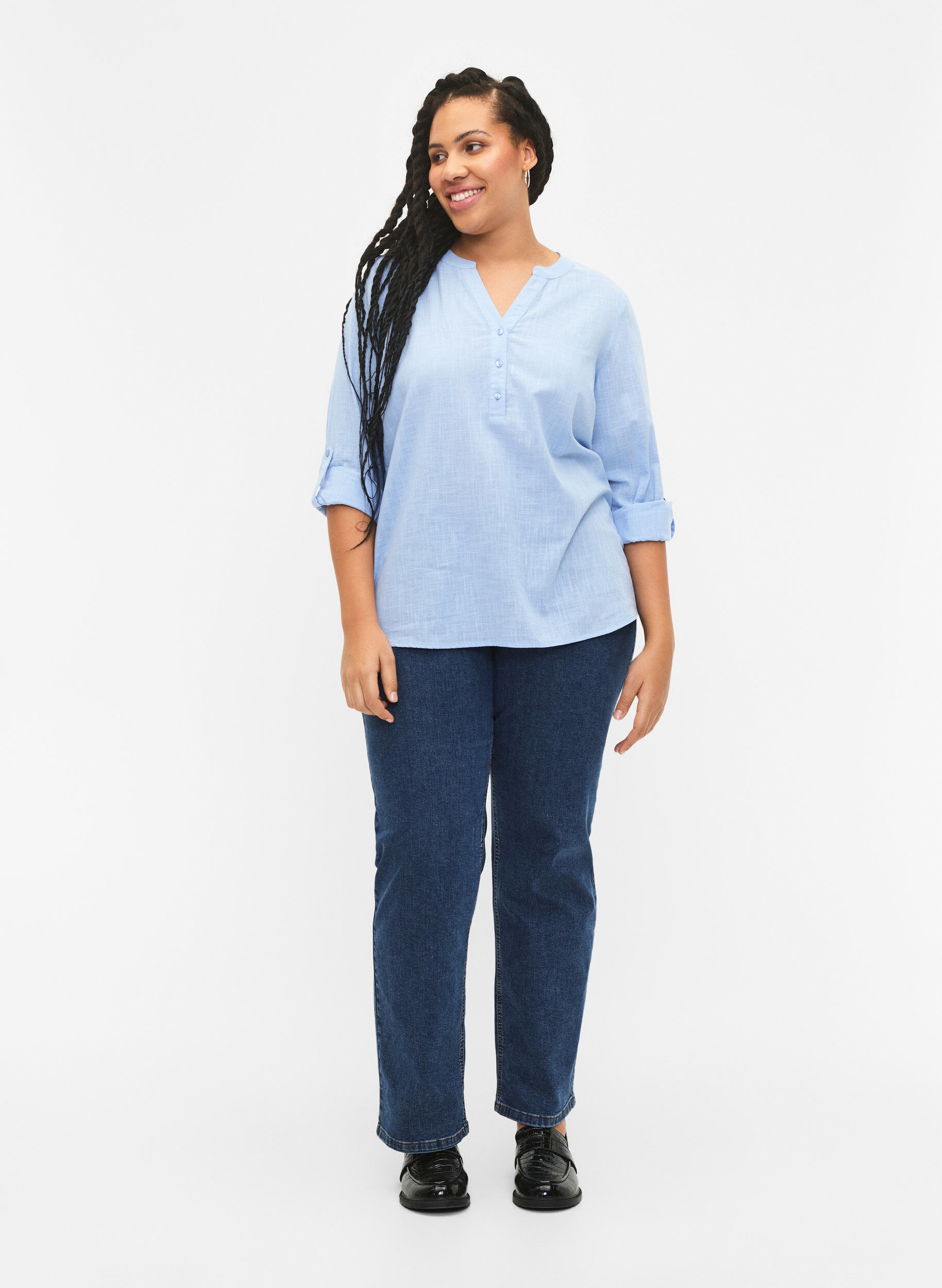 Zizzi Blouse van katoen met v-hals, Serenity, Model image number 2