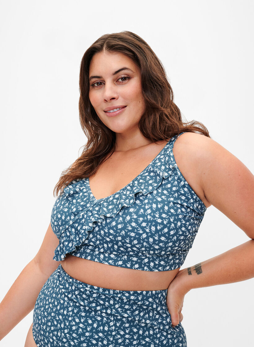Gebloemde bikinibeha met ruches, Blauw, Model image number 0