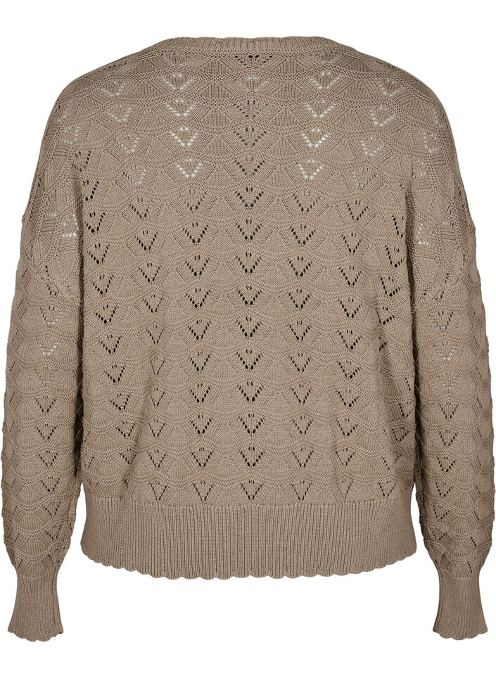 Gebreide blouse met lange mouwen en een opengewerkt patroon, Desert Taupe, Packshot image number 1