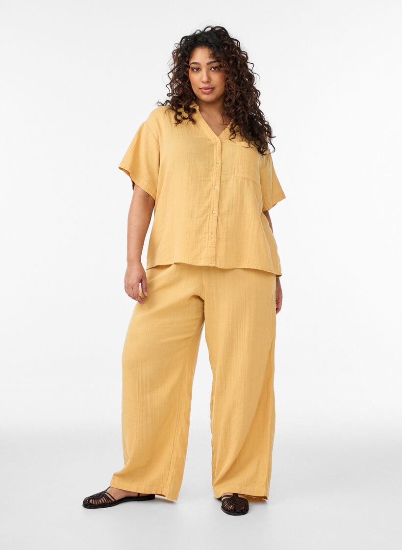 Katoenen mousseline blouse met korte mouwen, Geel, Model image number 1