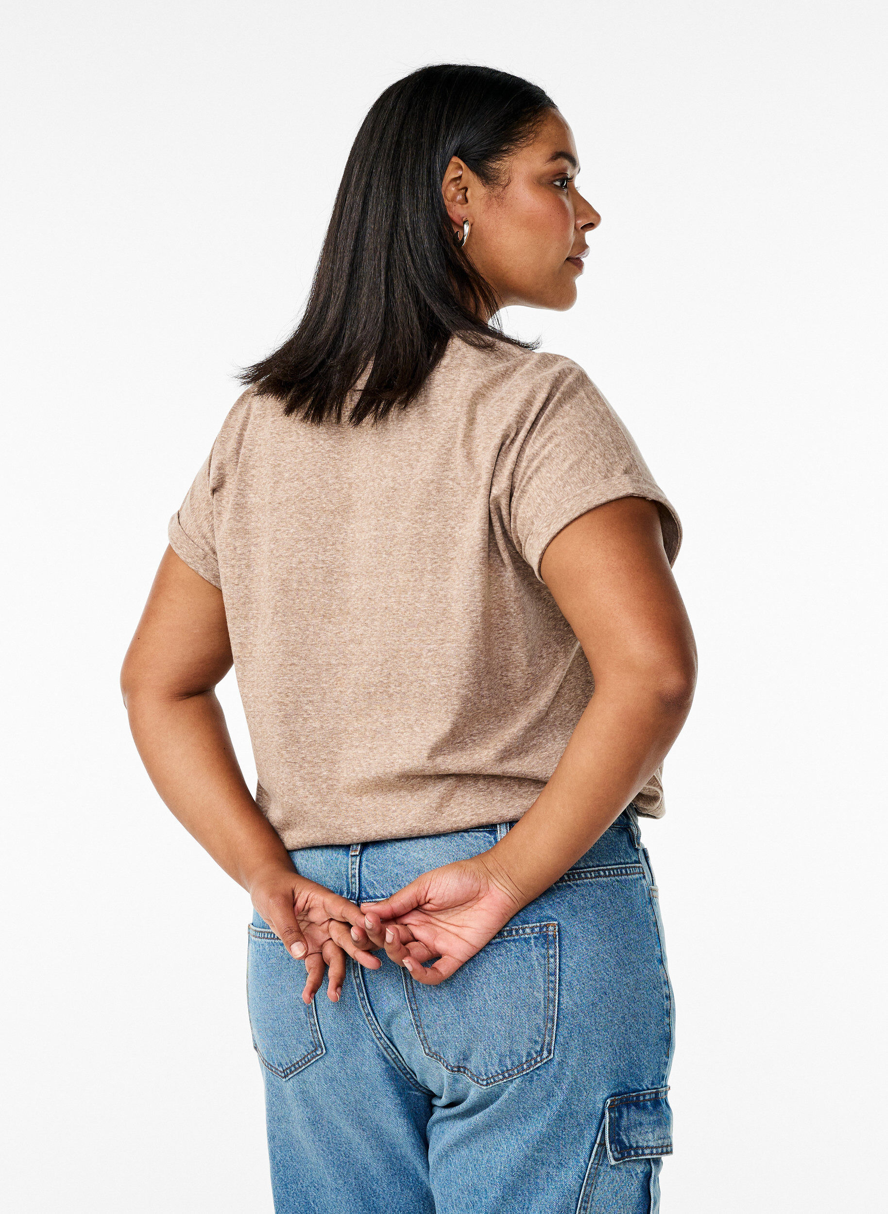 Zizzi Gem&ecirc;leerd T-shirt met korte mouwen, Bruin, Model image number 2