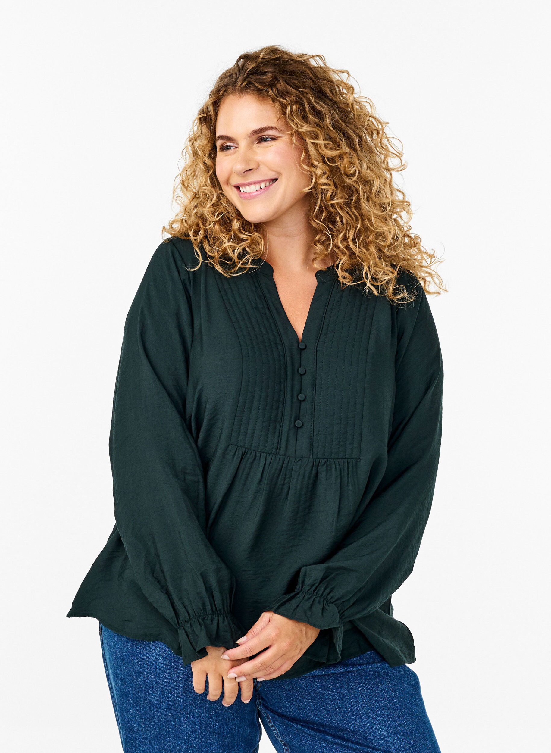 Zizzi Blouse met lange mouwen en een V-hals, Scarab, Model image number 0
