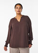 Blouse met smockmanchetten en V-hals, Bruin, Model image number 0