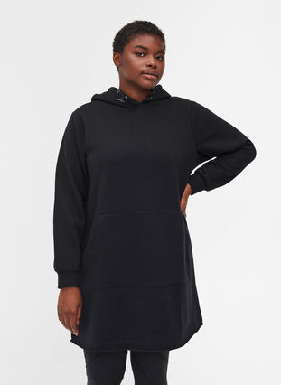 Lang sweatshirt met capuchon en zak, Black, Model image number 0