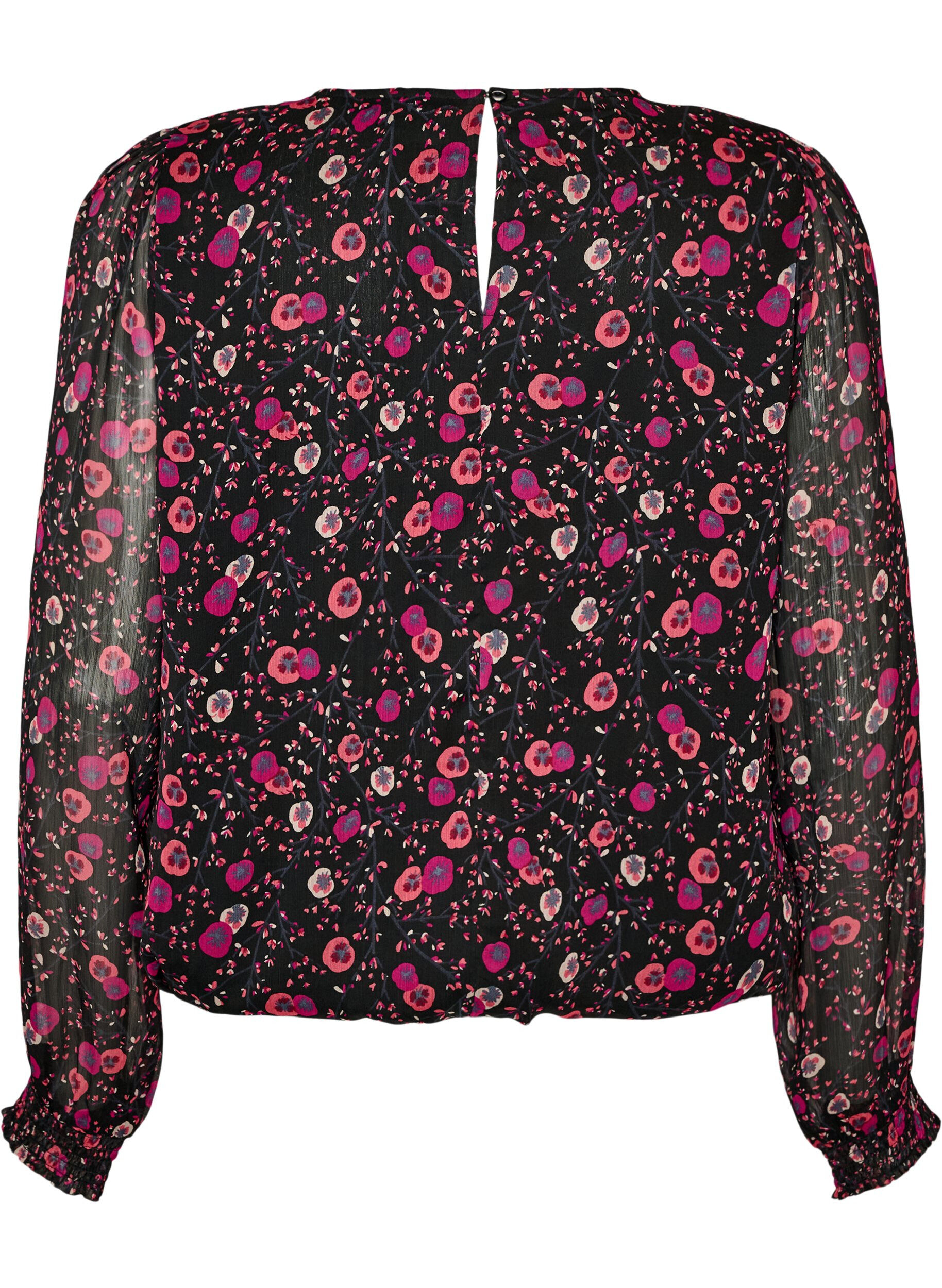 ZizziChiffon blouse met bloemenprint en sheer mouwen, Zwart, Packshot image number 1