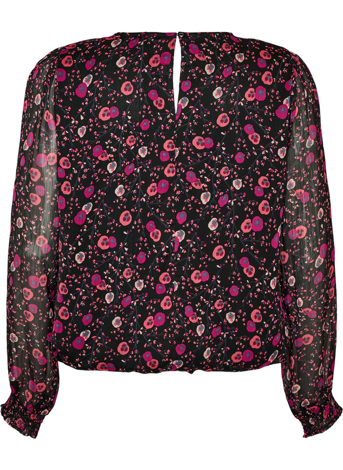 Chiffon blouse met bloemenprint en sheer mouwen, Zwart, Packshot image number 1