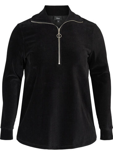 Velours blouse met hoge hals en ritssluiting, Black, Packshot image number 0