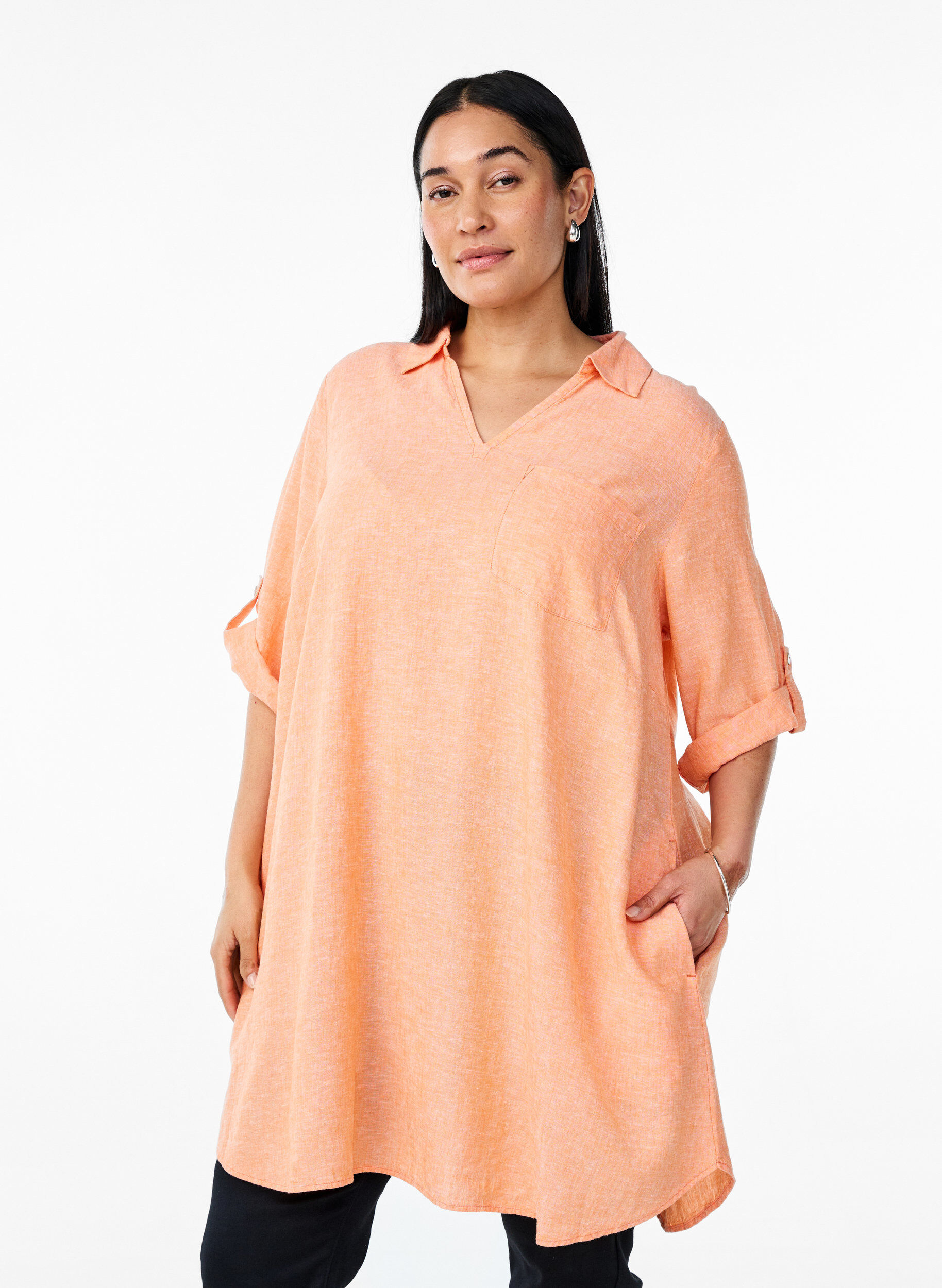 Tuniek van linnen en viscose met A-vorm, Oranje, Model