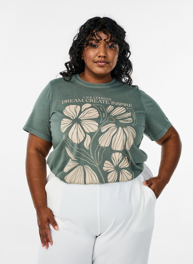 T-shirt met tekst en bloemenprint van biologisch katoen, Groen, Model image number 0