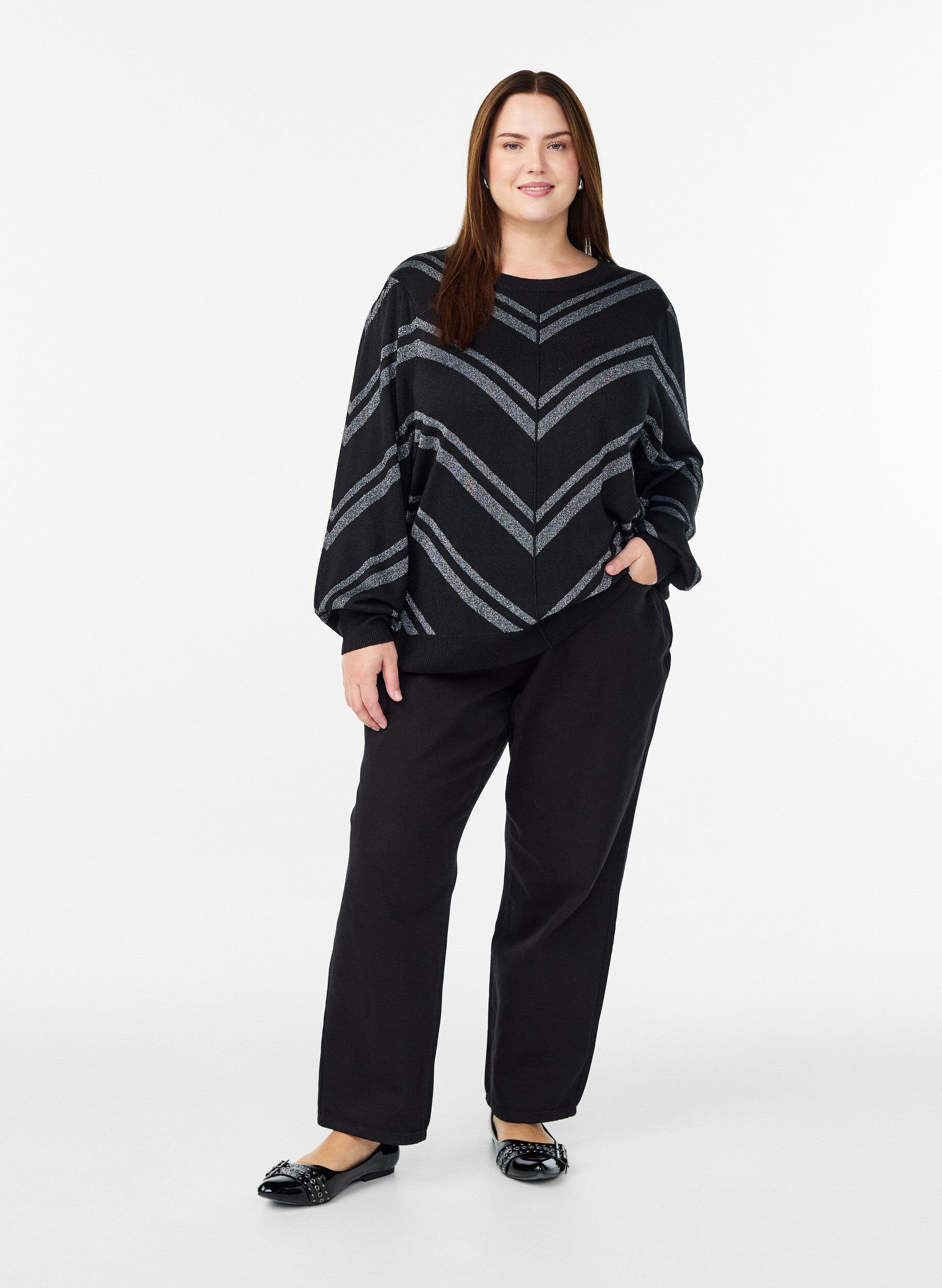 Zizzi Gebreide blouse met patroon en glittereffect, Zwart, Model image number 1