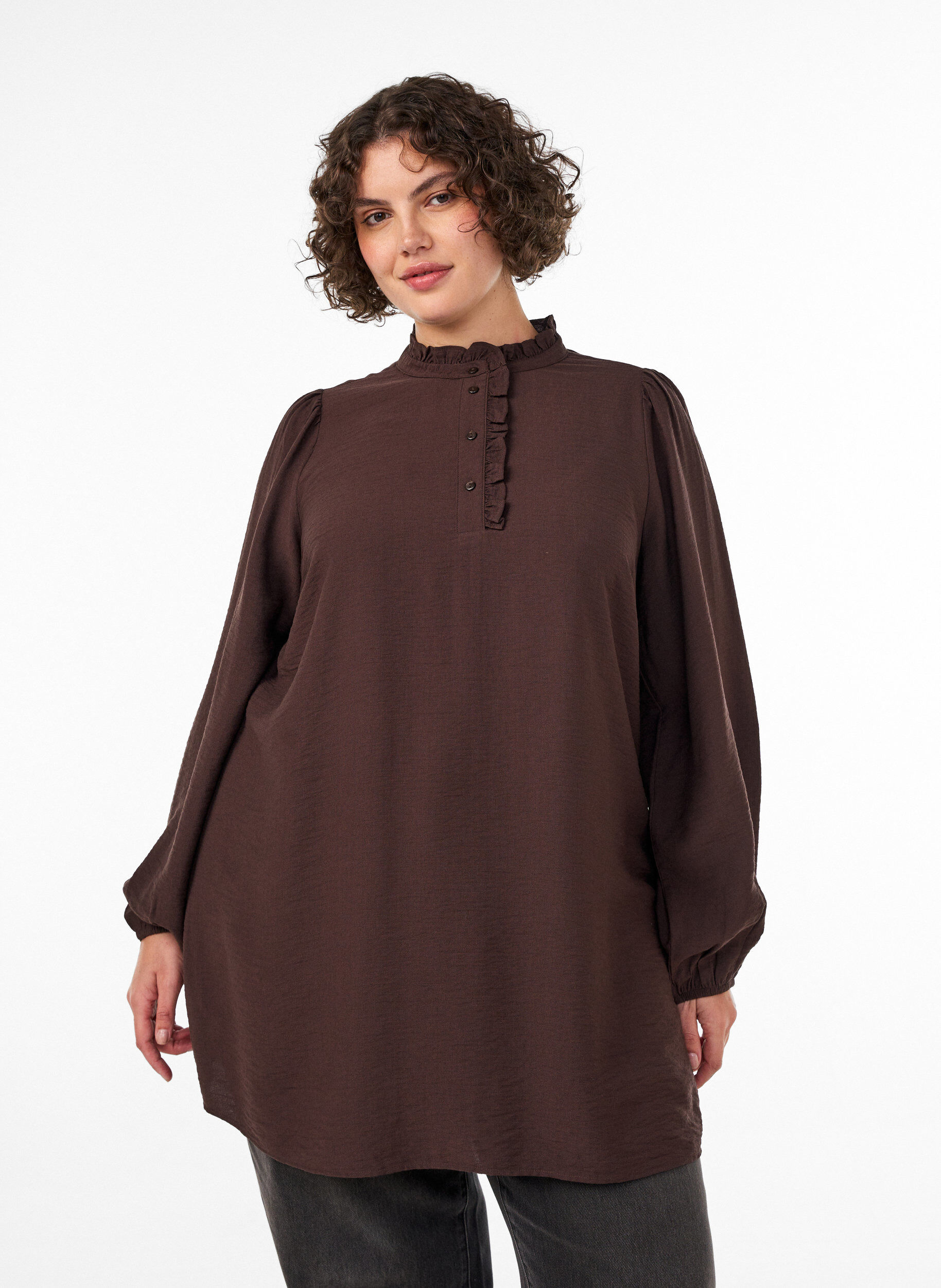 ZizziViscose tuniek met ruches en knopen, Bruin, Model image number 0