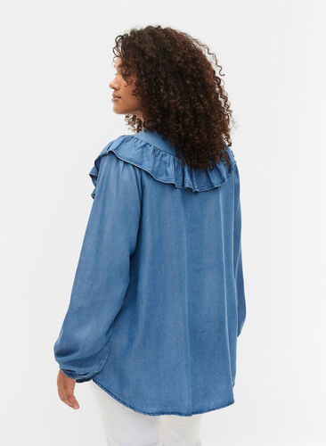 Overhemd met lange mouwen en ruches van lyocell (TENCEL™), Blue denim, Model image number 1