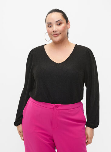 Glitter blouse met pofmouwen, Black Black, Model image number 0