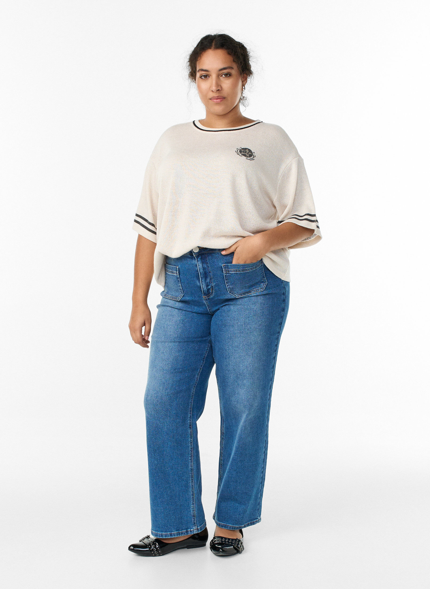 Zizzi Blouse met korte mouwen met contrasterende strepen, Beige, Model image number 1