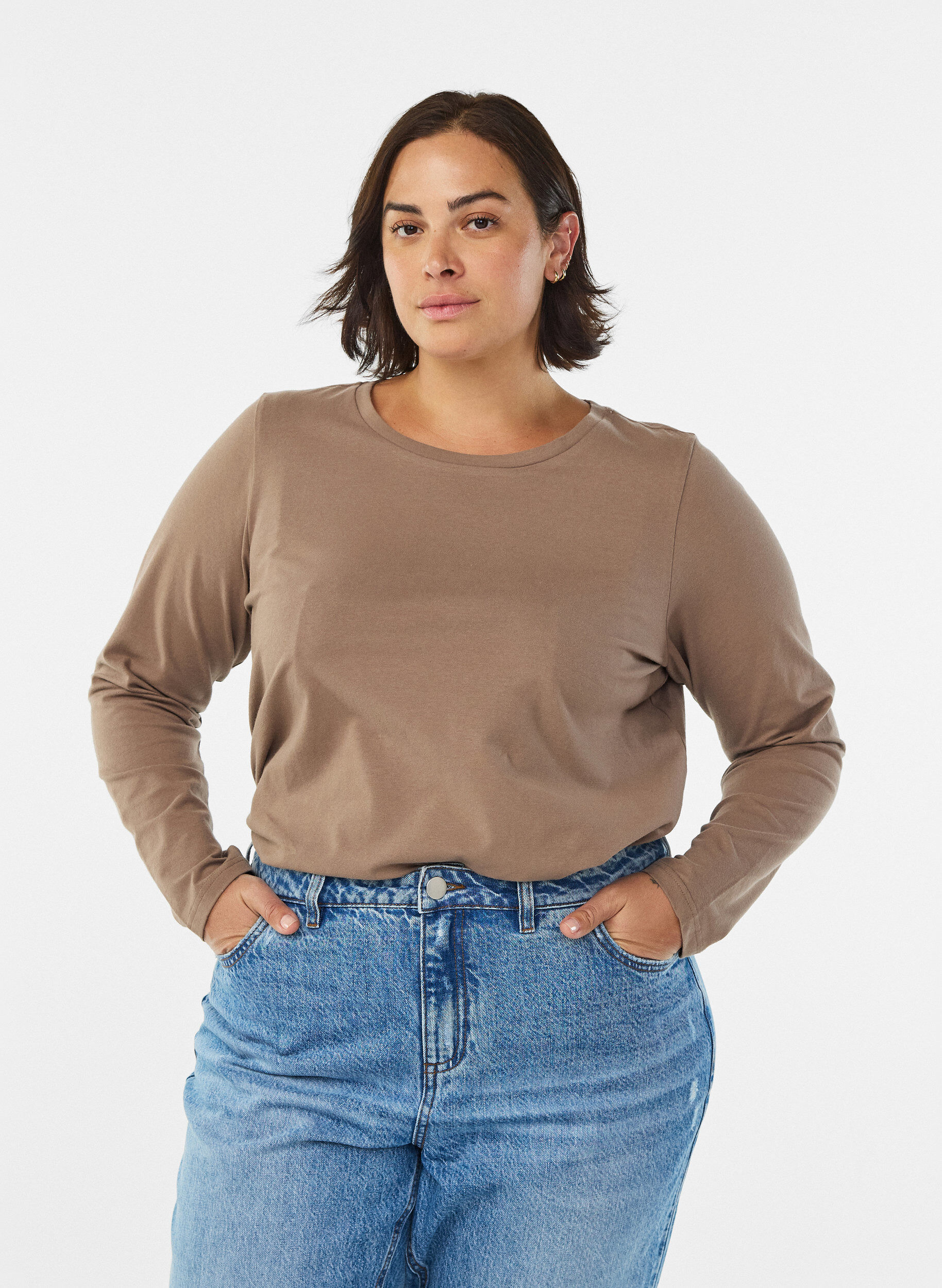 Zizzi Basic jersey top met lange mouwen, Bruin, Model image number 0