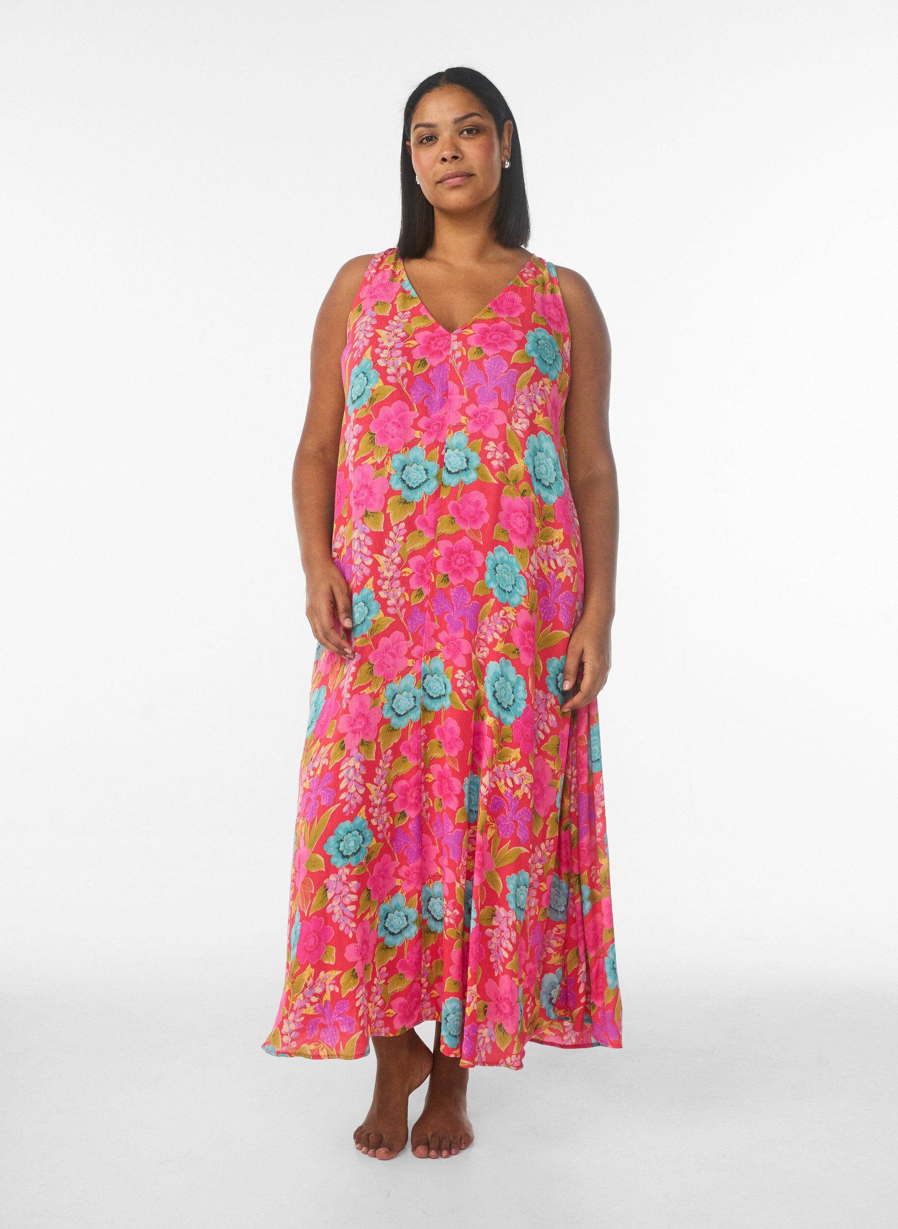 Zizzi A-lijn maxi-jurk zonder mouwen met een V-hals, Rood, Model image number 0