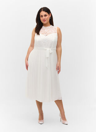Mouwloze jurk met kant en plooien, Star White, Model image number 0