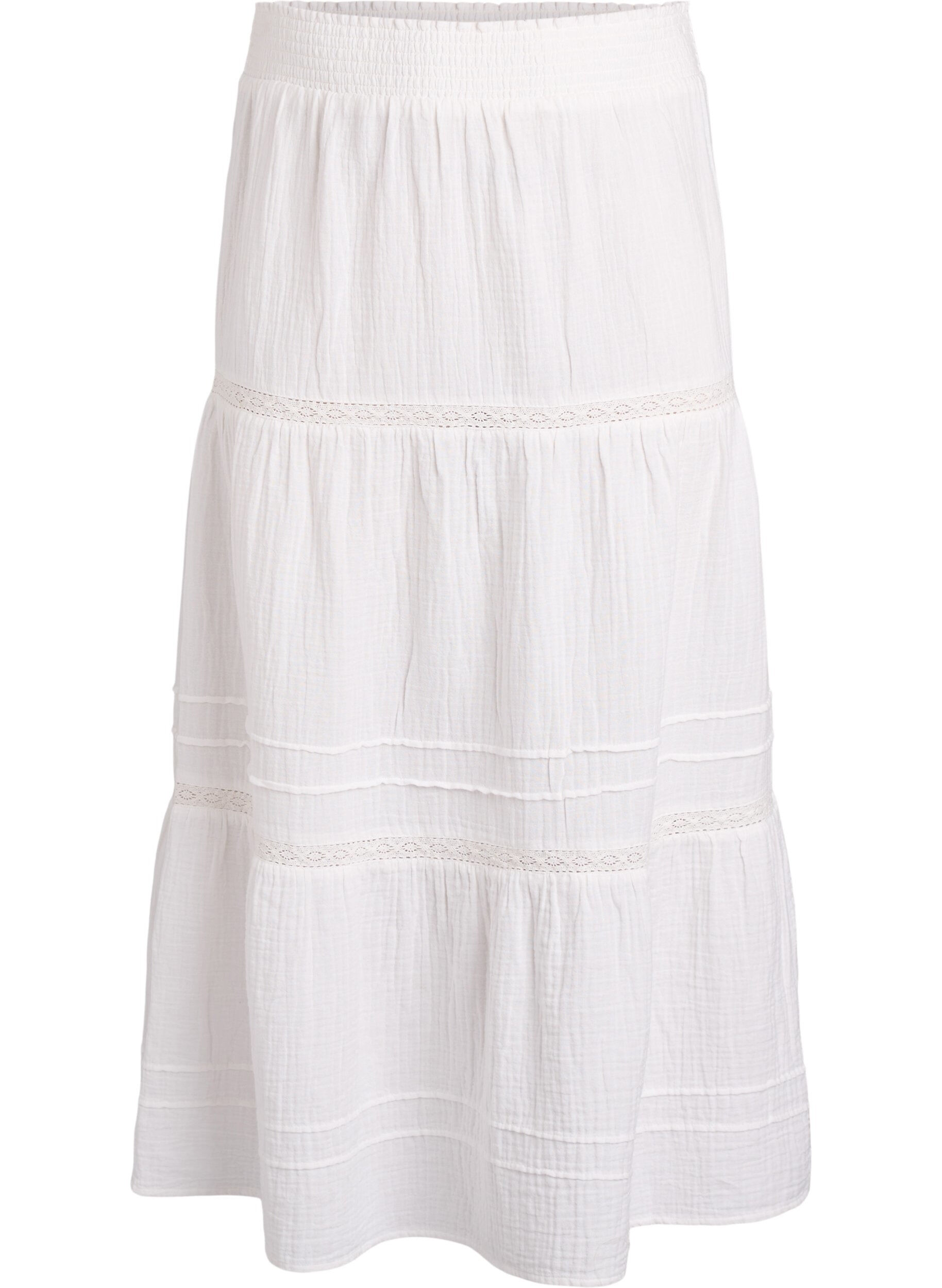 ZizziA-line midi skirt in cotton muslin with crochet band, Wit, Packshot image number 0