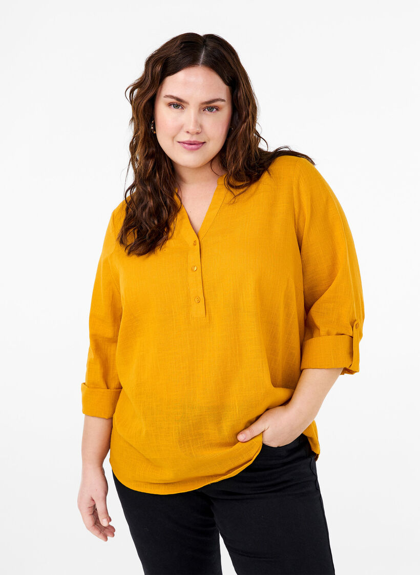 Katoenen overhemdblouse met V-hals, Golden Yellow, Model image number 0