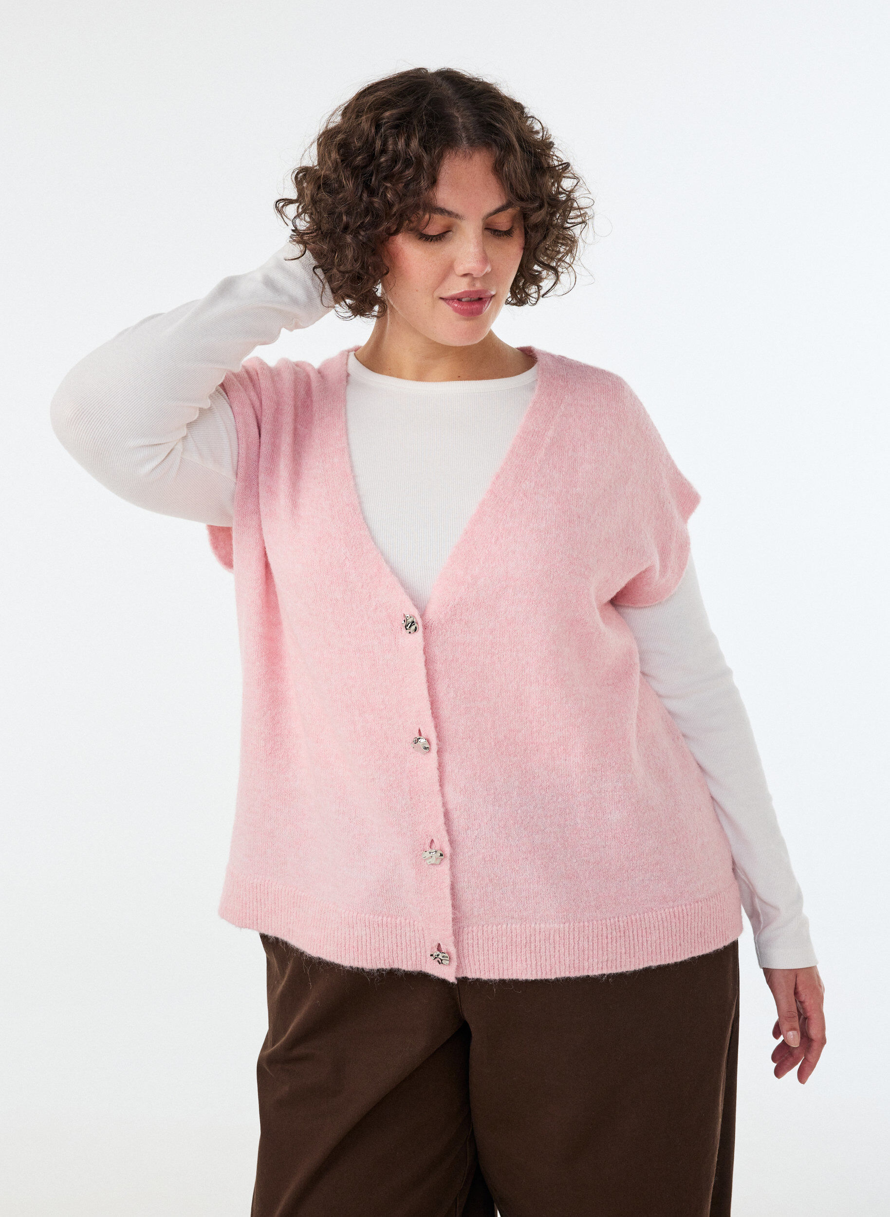 Gebreid gilet met V-hals en decoratieve knopen, Roze, Model