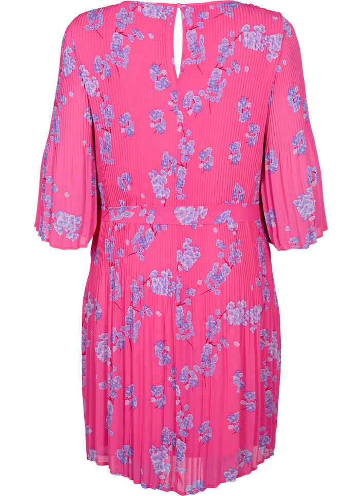 Bedrukte geplooide jurk met bindband, Beetroot Purple AOP, Packshot image number 1