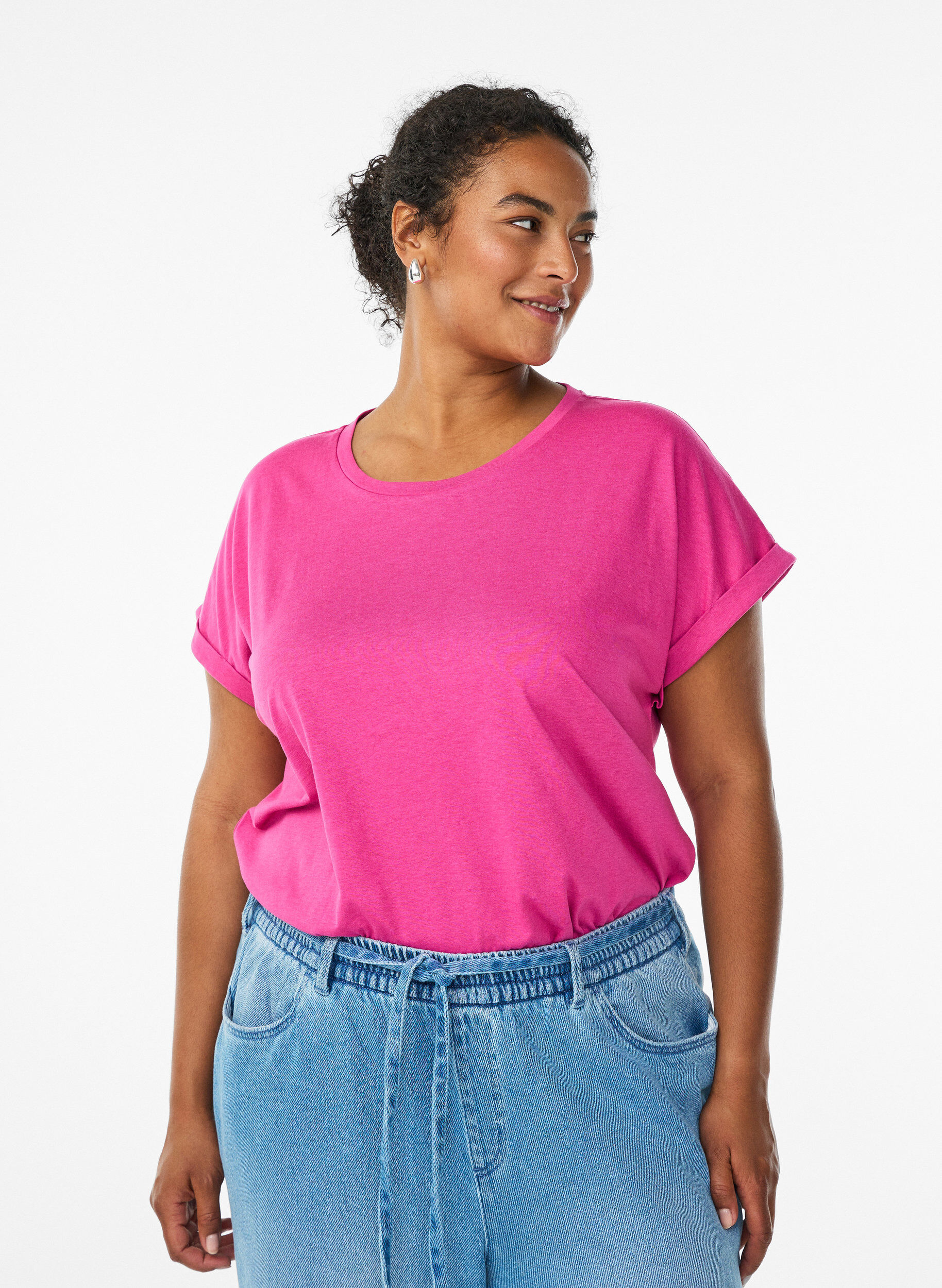 Zizzi T-shirt met korte mouwen van katoenmix, Roze, Model image number 0