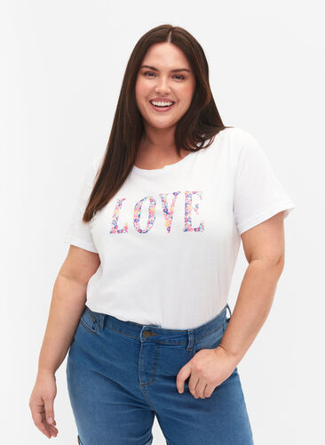 Katoenen t-shirt met ronde hals en opdruk, Bright White W. Love, Model image number 0