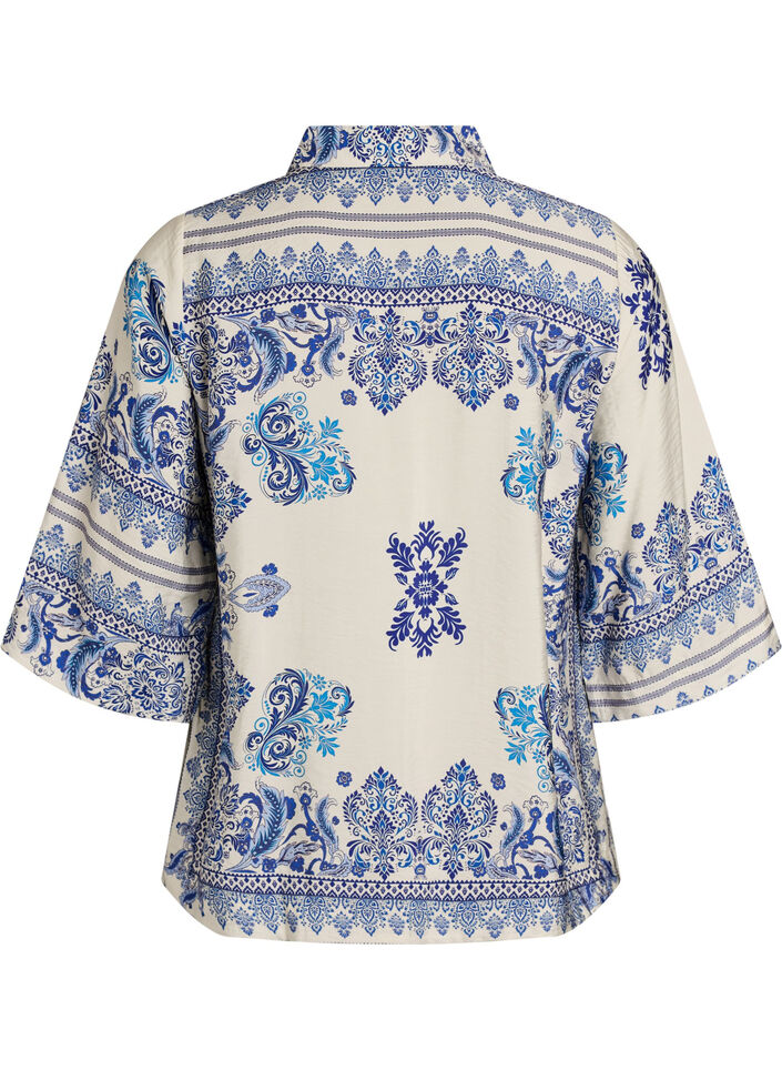 Viscose blouse met 3/4-mouwen en patroon, Blauw, Packshot image number 1