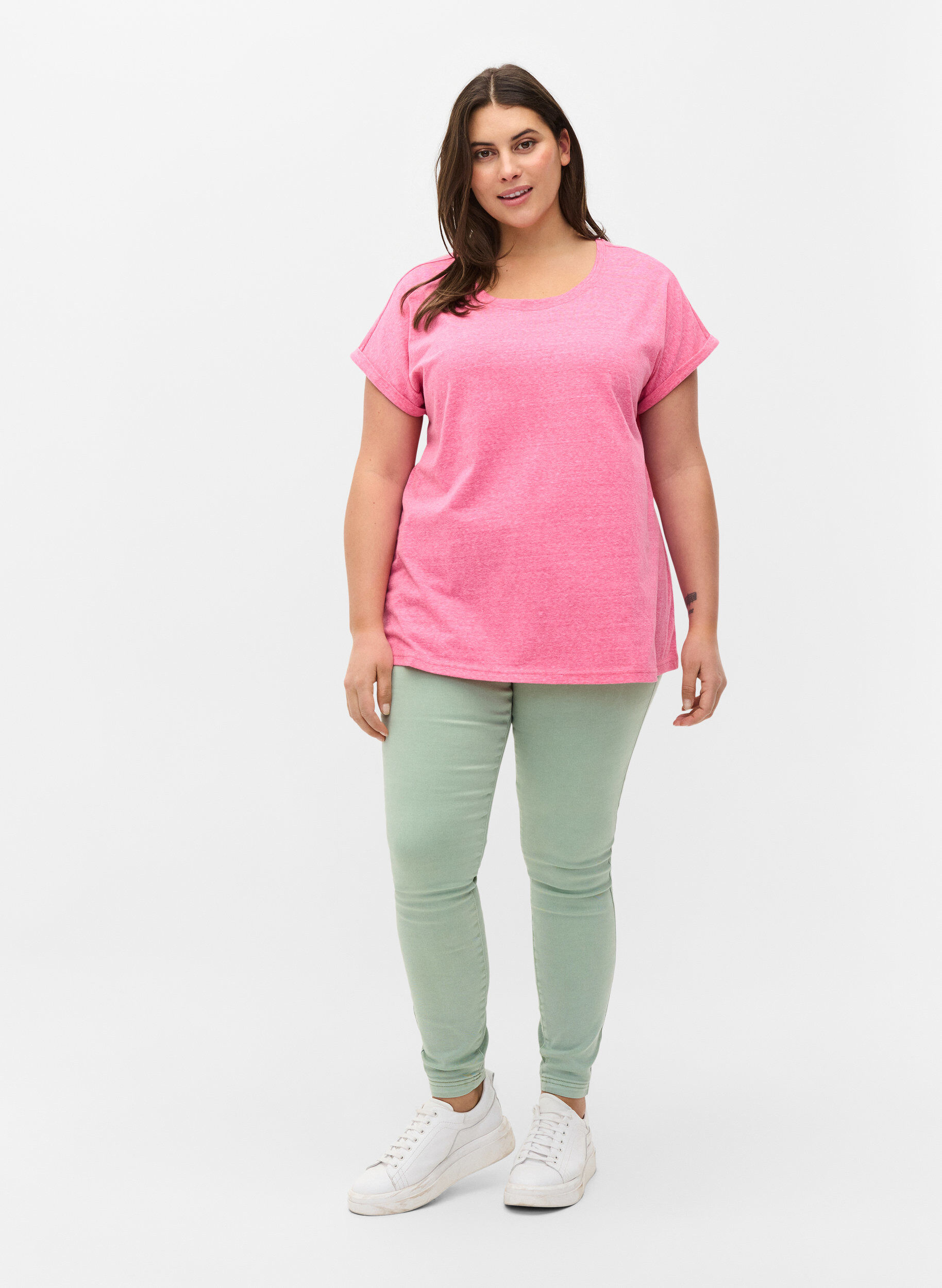 Zizzi Gem&ecirc;leerd katoenen t-shirt, Fandango Pink M&eacute;l, Model image number 2
