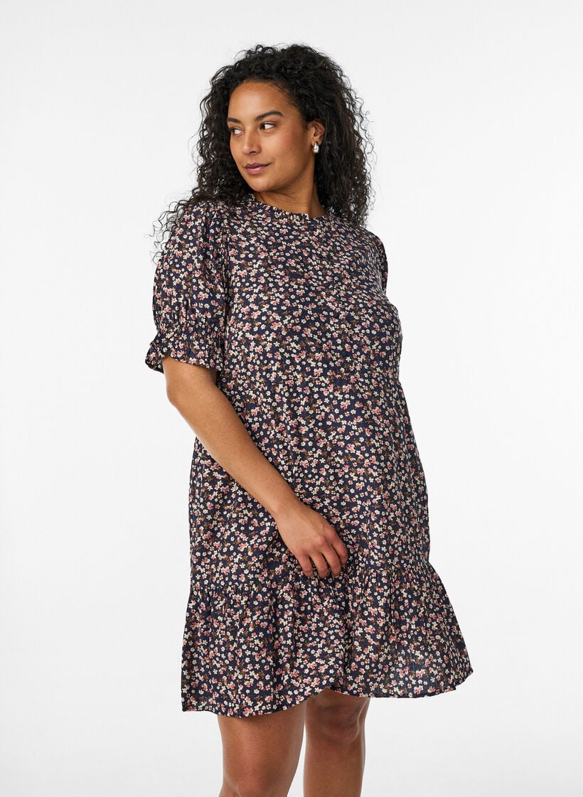 Korte viscose jurk met ruchesdetails, Blauw, Model image number 0