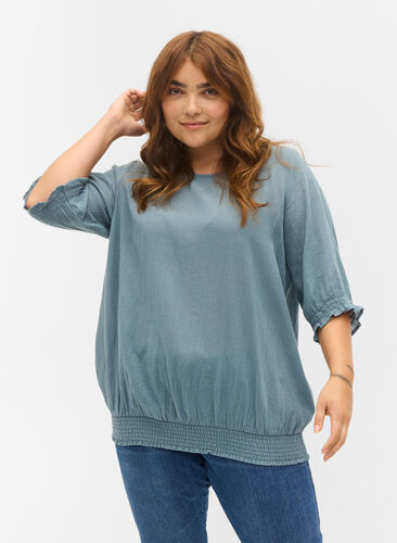 Katoenen blouse met smokwerk en korte mouwen, Goblin Blue, Model image number 0
