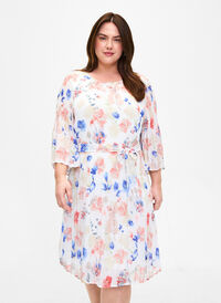 Bedrukte geplooide jurk met bindband, White/Blue Floral, Model