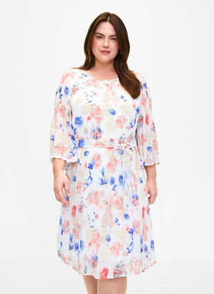 Bedrukte geplooide jurk met bindband, White/Blue Floral, Model image number 0