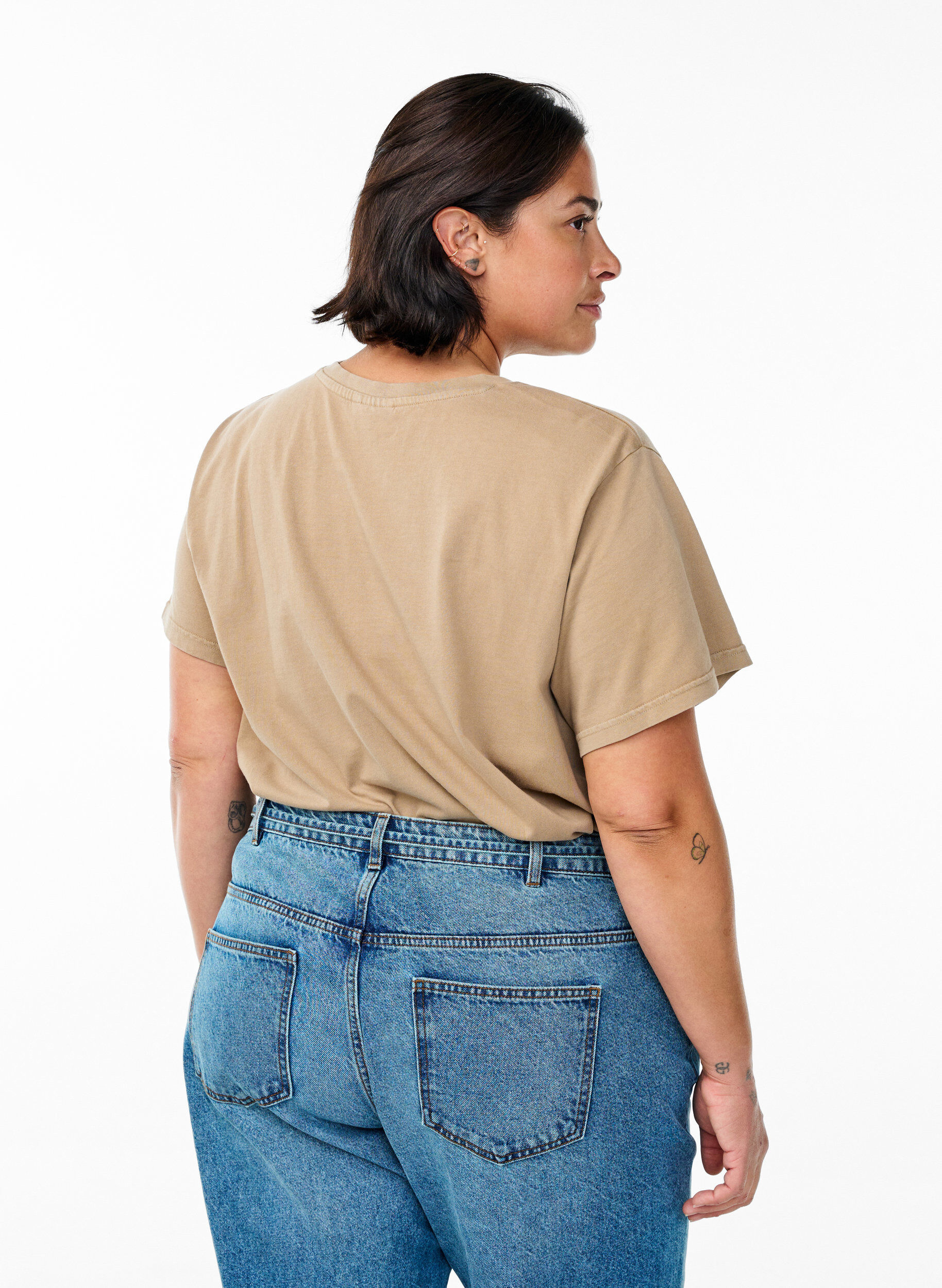 Zizzi Biologisch katoenen T-shirt met strass en vlinder motief, Bruin, Model image number 2