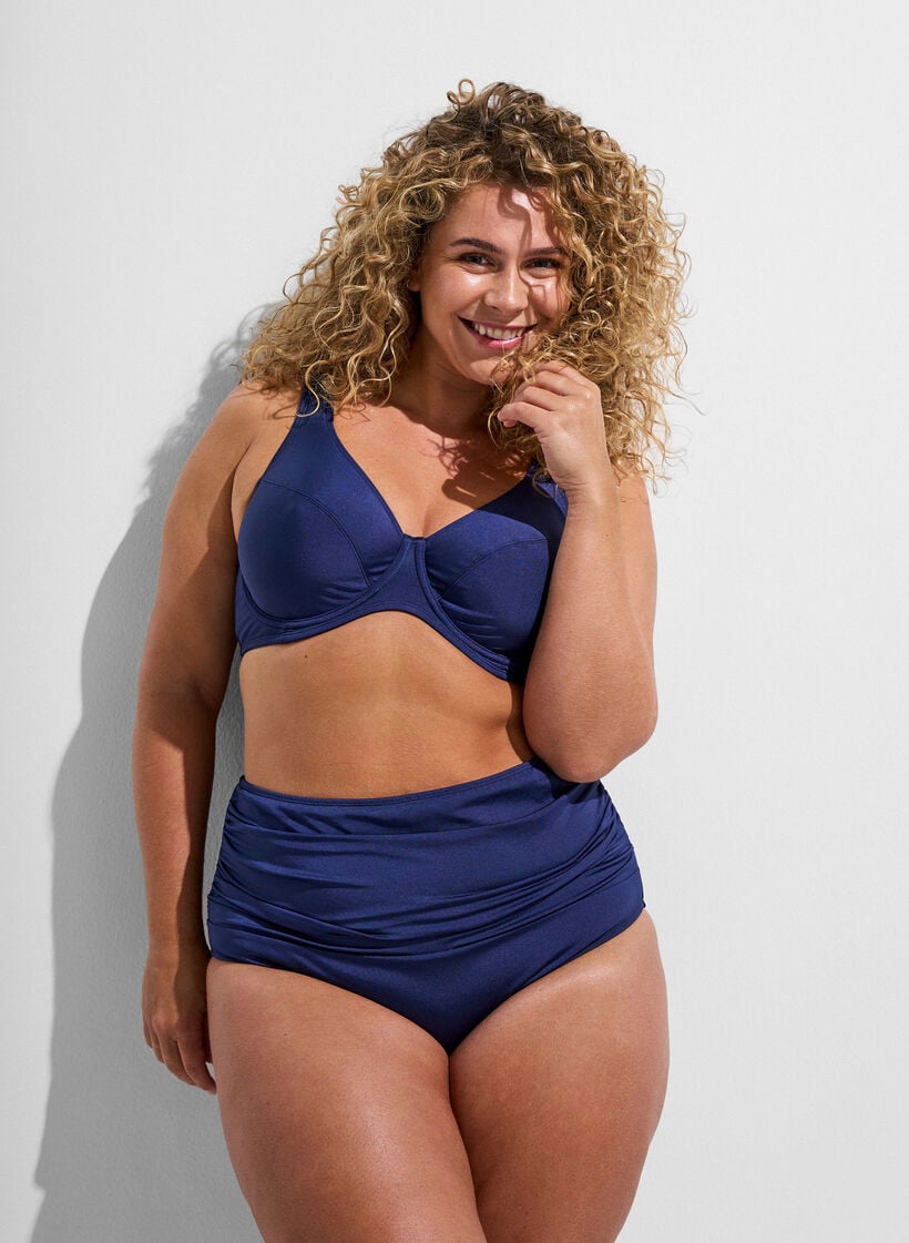 Bikinibroekjes met drapering en hoge taille, Blauw, Model image number 0