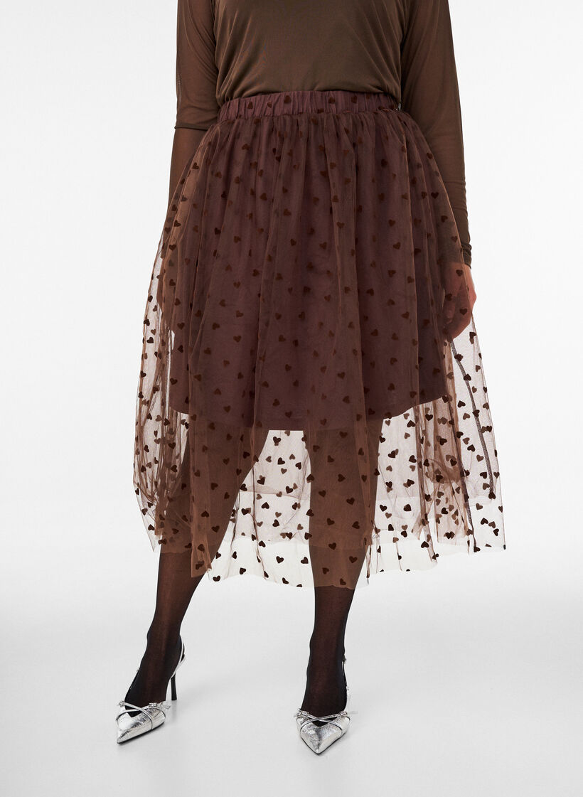 Midi-tule rok met hartjes, Bruin, Model image number 0