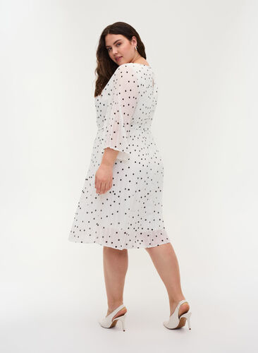 Bedrukte geplooide jurk met bindband, Bright White w. Dots, Model image number 1