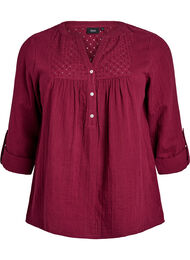 Blouse in katoenen mousseline met broderie anglaise, Donker Bordeaux