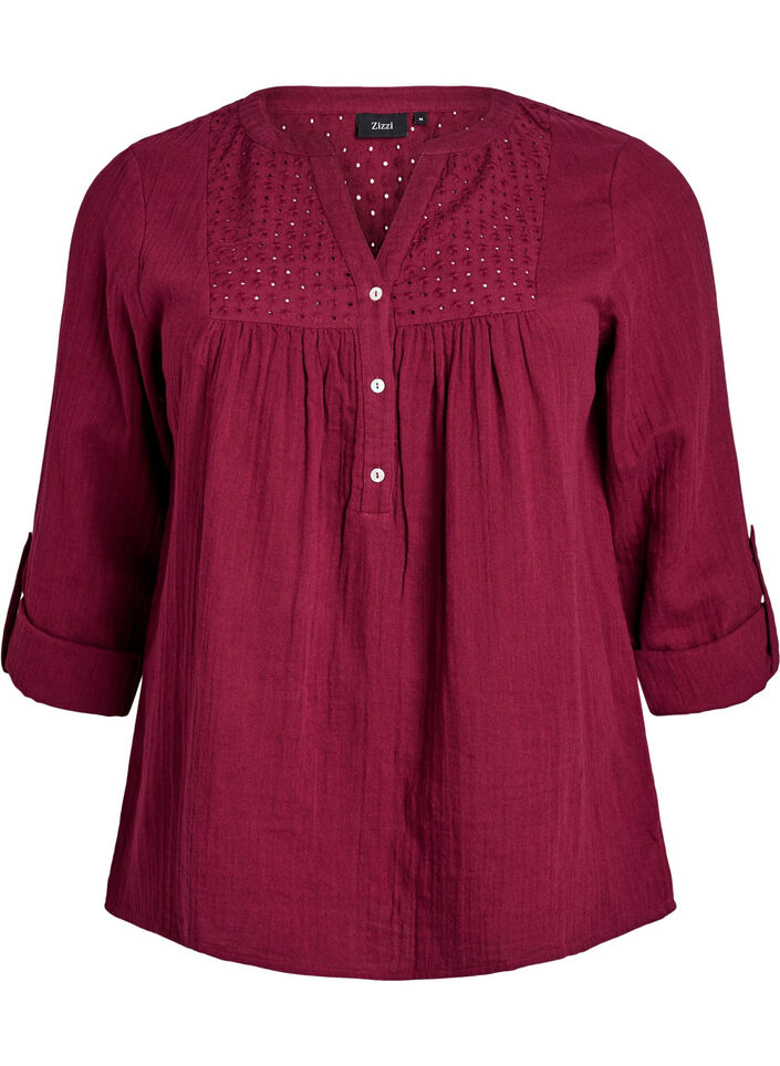 Blouse in katoenen mousseline met broderie anglaise, Donker Bordeaux, Packshot image number 0