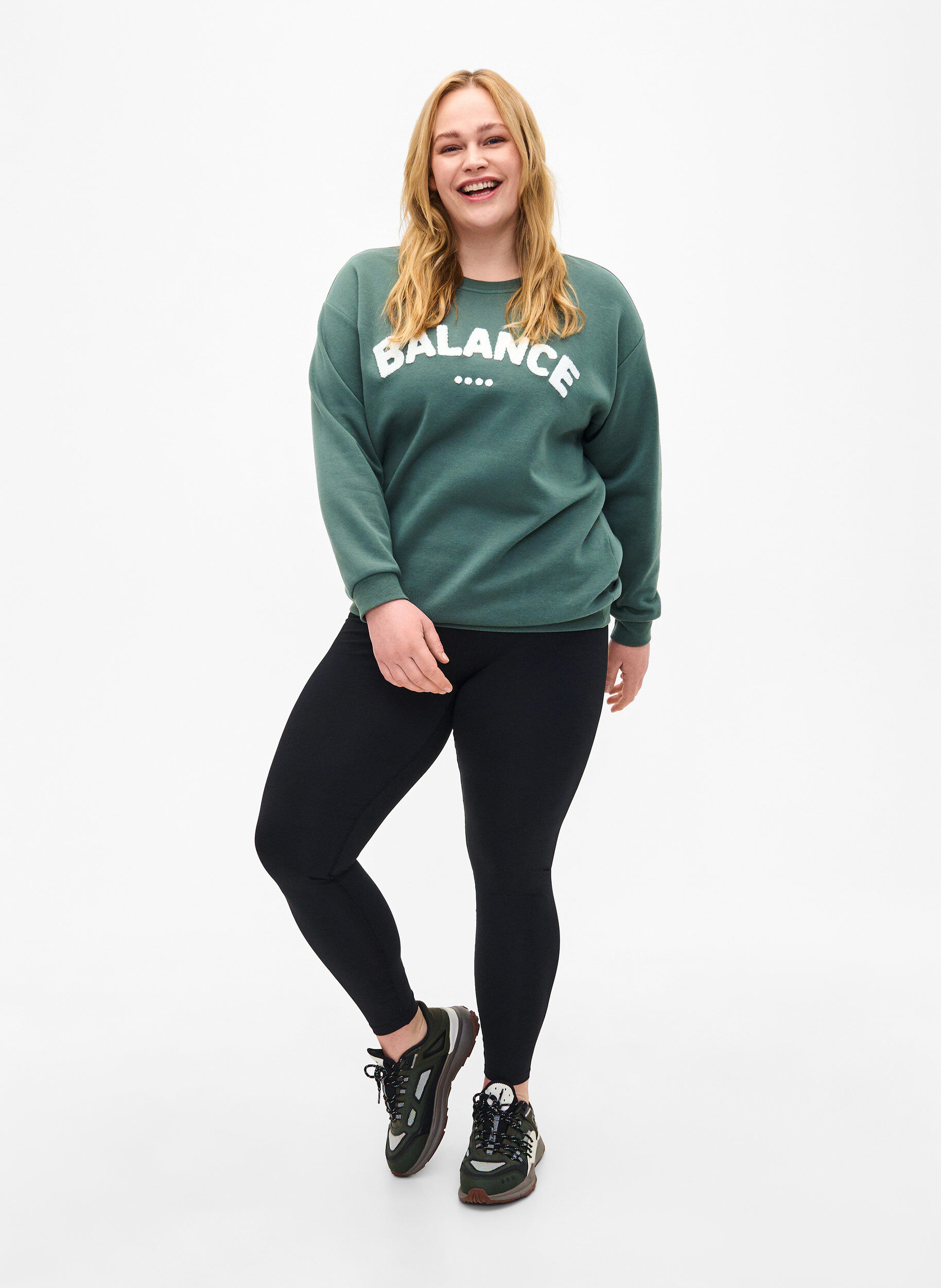 Zizzi Sweatshirt met badstof tekst, Groen, Model image number 1