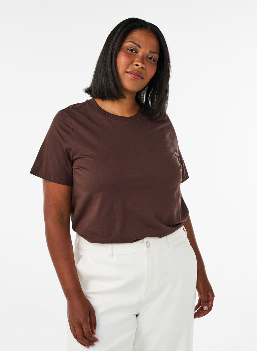 Basic katoenen T-shirt met ronde hals, Bruin, Model image number 0