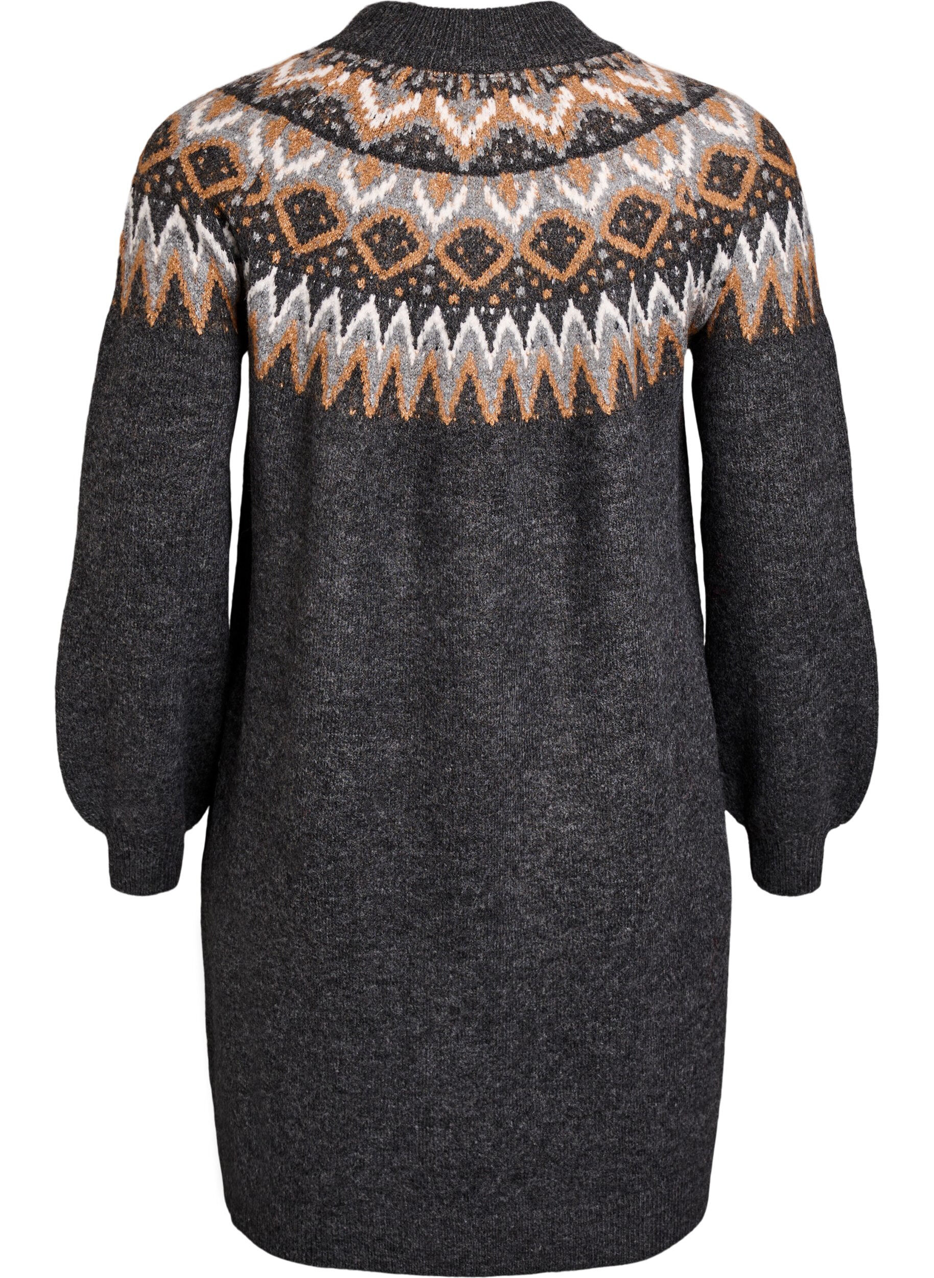 Zizzi Gebreide jurk met jacquardpatroon en ballonnenmouwen, Grijs, Packshot image number 1