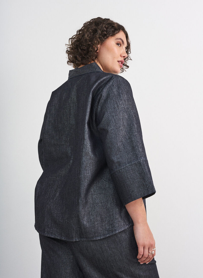 Denimshirt met glitterdraad en 3/4-mouwen, Grijs, Model image number 2